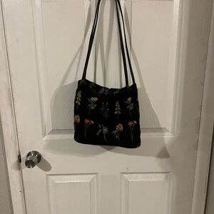 Floral Embroidered Black Shoulder Bag